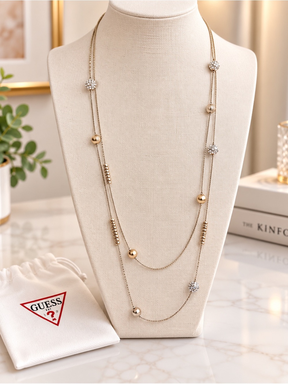 GUESS Long Layered Gold-Tone Necklace | Crystal Accents | One Size